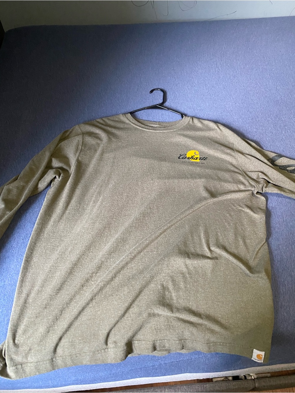 Carhartt Long-Sleeve Logo Tee in Olive Green with Yellow Accent